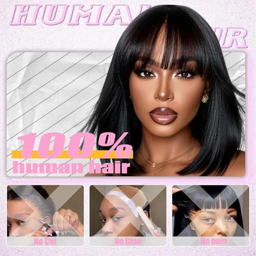 Image of Farblick Bob Wig Human Hair With Bangs Wear and Go Glueless10 Inch Straight Cut 180% Density Natural Black Human Hair For Women Daily Wear Wig