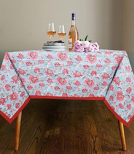 URBANO HOMZ Table Cloth, Table Cloth for 6 Seater Dining Table, Dining Table Cover 6 Seater, Table Cover 6 Seater, Dining Table Cover, Rectangle, Cotton,145 cm X 220 cm, Floral Light Blue and Red