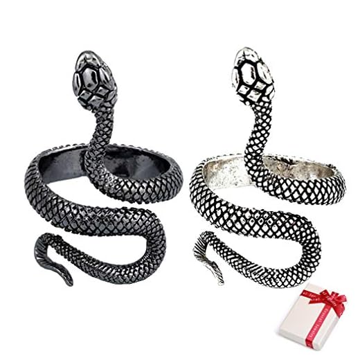 Ouceanwin 2 stycken punk orm ring silver svart, vintage ringar öppna ormring justerbar rostfritt stål gotisk ring gotisk orm fingerring smycken för män kvinnor unisex