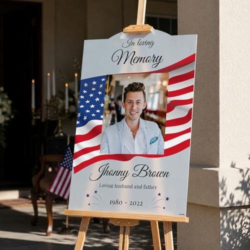 Image of Personalized in Loving Memory Funeral Sign with Photo - USA Patriotic Memorial Signs - Memory Sign for Funerals - Celebration of Life Decorations