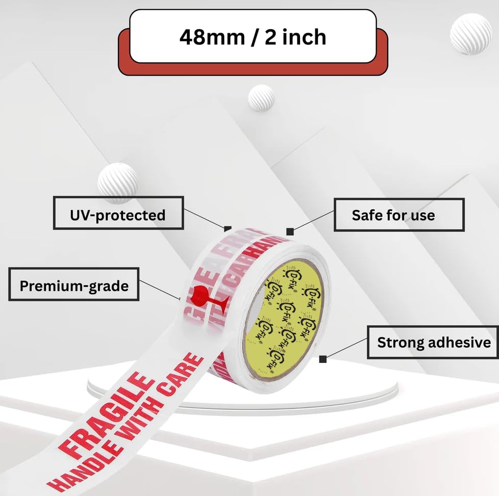 Image of D-fix Bopp Fragile Branded Printed Packaging Tape 65 Meters in Length 48mm / 02 inch Width - 3 Roll Per Pack Suitable for E-commerce Packaging Material for Small Business