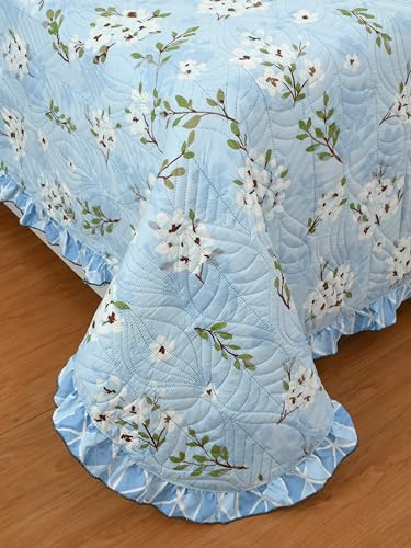 Image of Morado Ultrasonic Quilted Bedsheet for Double Bed (90x100 Inches) with 2 Pillow Covers | Floral Glace Cotton Bedcover 3 Pcs Set with Frill & Lace | 280 TC, All-Season Use | Blue Jasmine