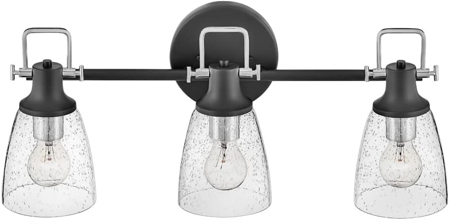 Hinkley Easton Three Light Bath Vanity Fixture, Modern Industrial, Clear Seedy Glass Shade, Mounts Up or Down, Black and Chrome