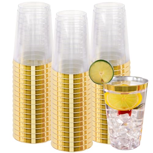 I00000 50 Pack 24 oz Gold Plastic Cups, Elegant Gold Rimmed Plastic Cups, Disposable Cocktail Glasses Wine Glasses, 24 oz Premium Tumblers Perfect for Birthday, Party & Wedding