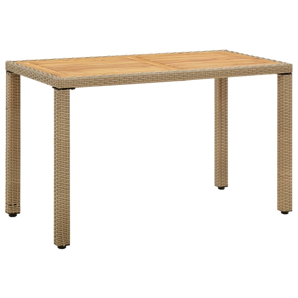 Stół do użytku na zewnątrz, stół tarasowy, stół balkonowy, stół ogrodowy, beżowy, 123 x 60 x 74 cm, polirattanowy i lite drewno akacjowe, do ogrodów, tarasów, balkonów