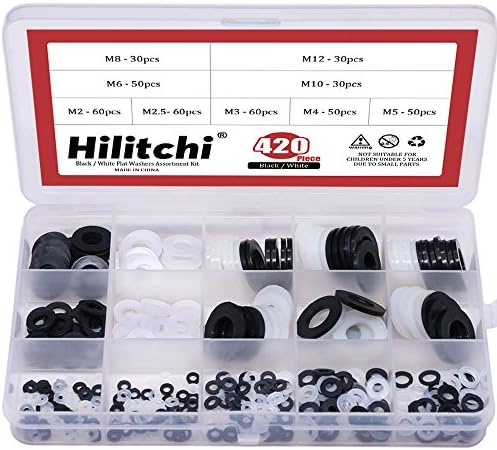 Hilitchi 420-Pcs [9 - Size] White/Black Nylon Insulating Flat Washers Gaskets Spacers Assortment Set - M2 M2.5 M3 M4 M5 M6 M8 M10 M12
