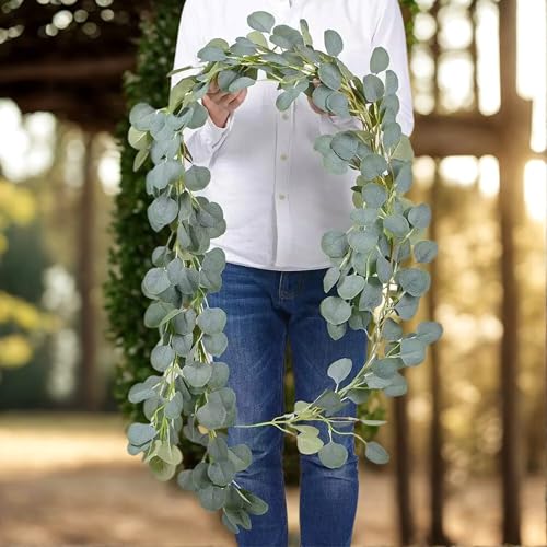 Image of Tdas Artificial Eucalyptus Garland Plant Leaves Hanging Flower Home Decor Faux Silk Leaf Silver Dollar Vines Handmade Greenery Wedding Backdrop Indoor Outdoor Arch Wall Decoration - 1 Pc (Green)