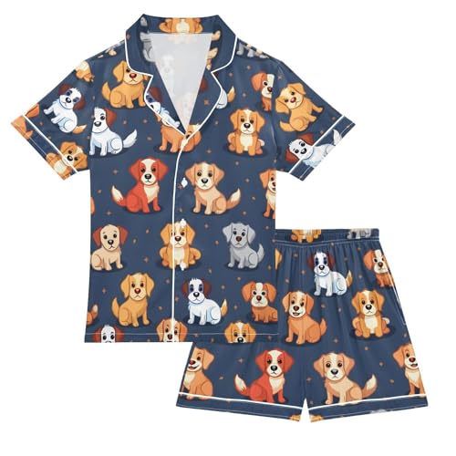 ALAZA Bright Blue Puppy Dog Pajamas Satin Pajama Set Short Sleeve Button Down Sleepwear