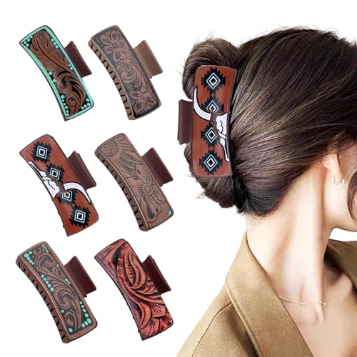 6 Pcs Western Hair Claw Clips for Women Cowgirl Accessories Western Gifts for Women with Cowhide Highland Vintage Pattern Hair Clips Suitable for All Hairstyles