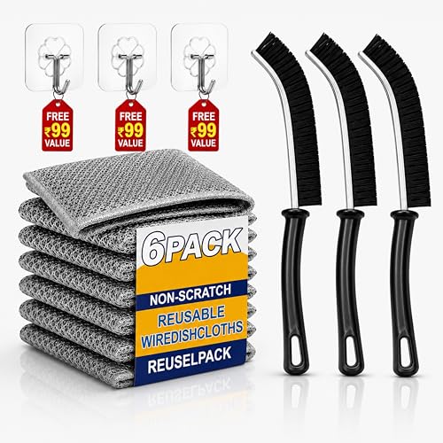 Image of 6 Pack Non-Scratch Wire Dish Cloth with 3 Scrub Cleaning Brushes & 3 Free Hooks | Reusable Wire Dishwashing Cloth for Wet & Dry Use | Kitchen Scrubber for Dishes, Utensils, Sink, Stove & Cookware