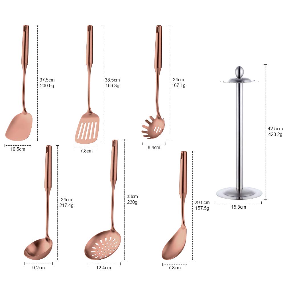 Ustensiles de cuisine 6 pièces acier inoxydable Écumoire Louche Spatule de Cuisine Tourneur à fente Riz Pasta Server avec support