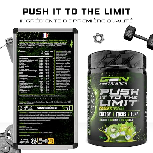 Push it to the Limit - Pre Workout avec L-Arginine + Citrulline + L-Tyrosine + L-Théanine + L-Carnitine + AAKG + Taurine + Racine de Rhodiola + Caféine - Haute dose - 360g - Kiwi raisin – Image 7