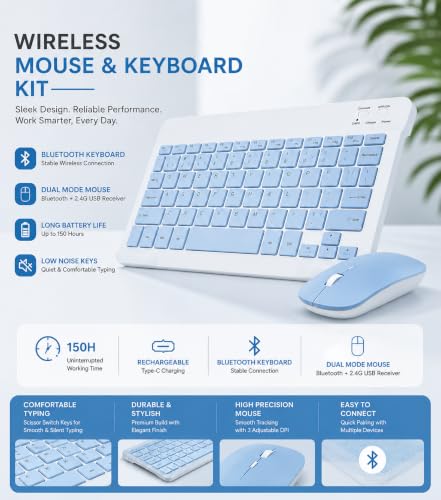 Image of Wireless Bluetooth Keyboard and Mouse Combo, Rechargeable Slim Multi-Device Keyboard with Bluetooth, Mouse with Bluetooth & 2.4G USB Receiver. (Sky Blue)