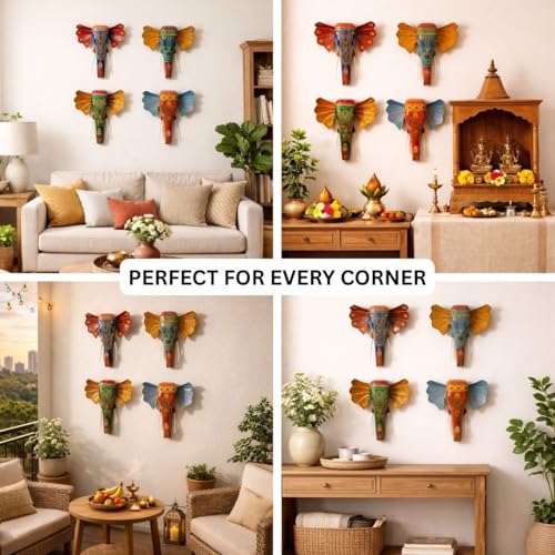 Image of ATRANGI STUDIO Handpainted Wooden Elephant Wall Decor | Ethnic Wooden Wall Art | Symbol of Strength & Wisdom | Wall Hanging for Home, Corridor & Balcony | Ready to Hang | 11 Inch, Multicolor