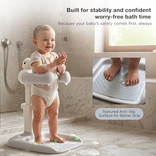 Image of BAYBEE Shower Bath Stand for Baby for 0 - 3 Years for Kids | Duck Design Baby Standing Bath Stand with Adjustable Height & Width | Portable Kids Bathstand with Shower Holder & Anti-Slip Base (Grey)