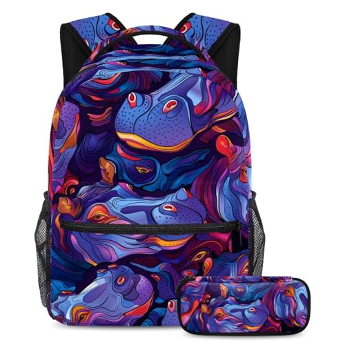 Cartable hippopotame abstrait violet fini le désordre avec ce sac à dos et sa trousse