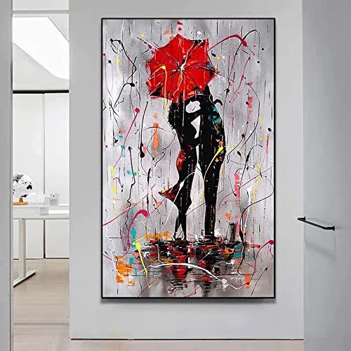 Peinture sur toile amoureux parapluie rouge art de rue abstrait 60x90 cm