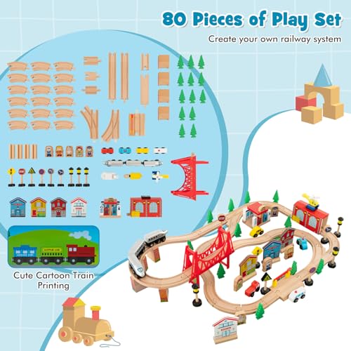Honey Joy TM10051 Train Table, Wooden Kids Activity Table W/ 80 Multicolor Pieces, Tracks, Trains, Cars, Toddler Toy Train Table Set W/Reversible Tabletop thumb #3