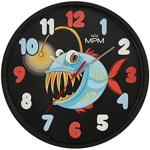 MPM Quality Design - Reloj de Pared Infantil de plástico, Negro/Multicolor, diseño de Peces, Movimiento de Cuarzo, decoración Moderna de Pared, Reloj Redondo para niños, diámetro