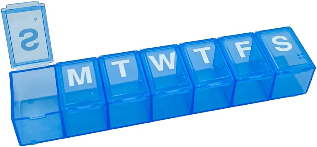 Amazon Basic Care 7-Day Weekly Pill Organizer, Portable Medicine and Vitamin Planner Box with Medium Compartments, Blue