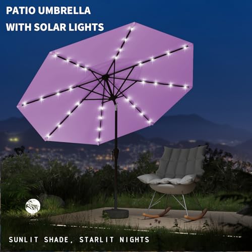 Image of 9FT Patio Umbrella with Solar Lights,Outdoor Market Umbrella with Tilt and Crank, LED Lighted Table Umbrella for Garden,Deck,Backyard,Pool,Beach (Taro Purple)