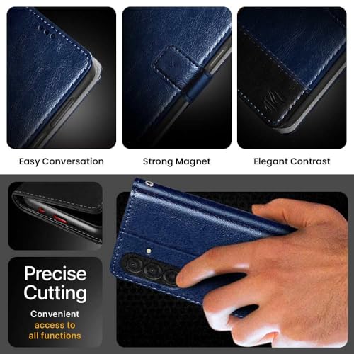 Image of FLIPPED Vegan Leather Flip Case Back Cover for Samsung Galaxy M17 5G | A17 5G | F17 5G (Flexible, Shock Proof | Hand Stitched Leather Finish | Card Pockets Wallet & Stand | Blue with Black)