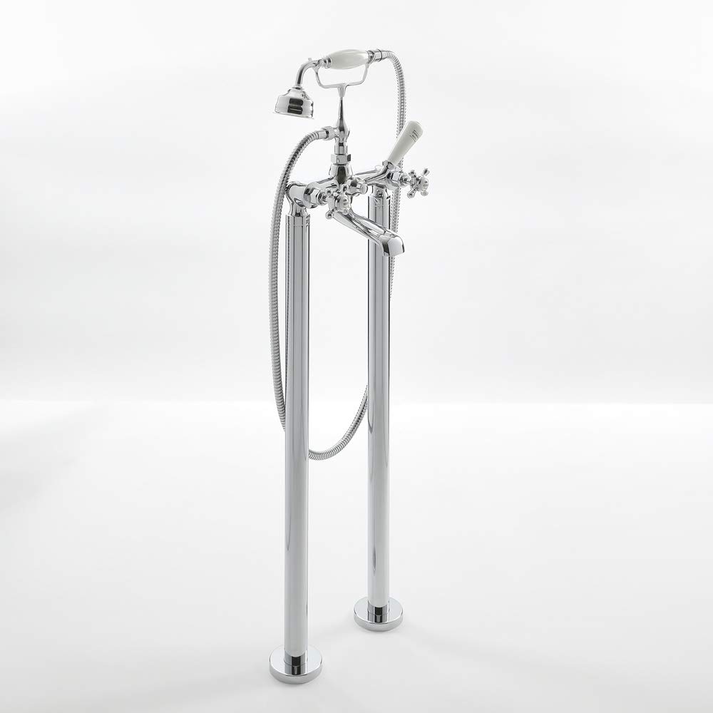 Milano Chrome & White Elizabeth Freestanding Bath Shower Mixer Tap Crosshead Handles - Chrome White