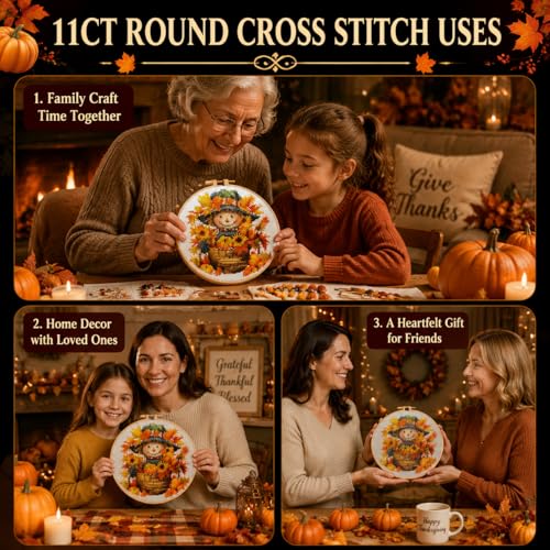 Image of Scarecrow Stamped Cross Stitch Kits for Adults Beginners with Hoop Frame