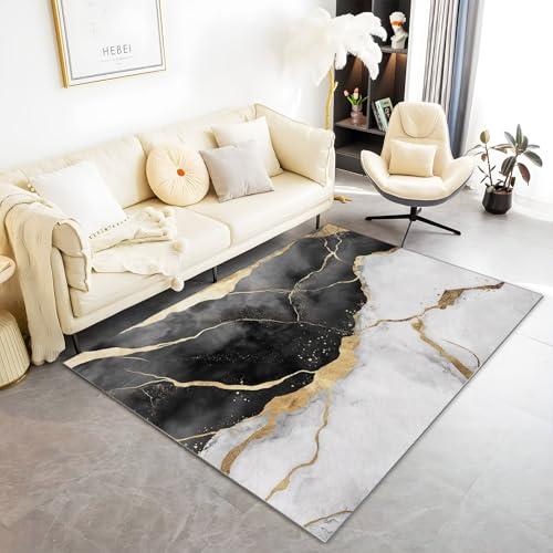 Tapis salon moderne marbre doré 180x240 antidérapant et lavable en machine