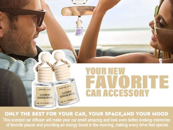Image of C Classy Hanging Car Air Freshener 2 Pack, Leathery Sandalwood Essential Oil Diffuser, Long-Lasting Fragrance, Cute Glass Bottle Car Accessories for Women & Men, Made in USA