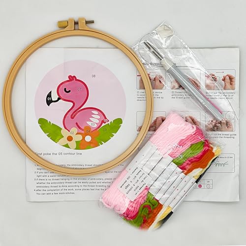 Image of Howie's Punch Needle Kit for Beginner, Cartoon Rug Hooking Embroidery Kits with Pattern, Yarns, Tools and Instructions, Creative Craft Home Decor(Pink Bird, 8 inch diameters)