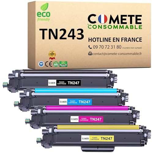 COMETE, Marca Francesa - TN243 - 4 Cartuchos de Tóners Compatibles con Brother TN243 TN-243 o TN247 para Brother dcp-l3550cdw Toner mfc-l3750cdw - 1 Negro, 1 Cian, 1 Magenta, 1 Amarillo