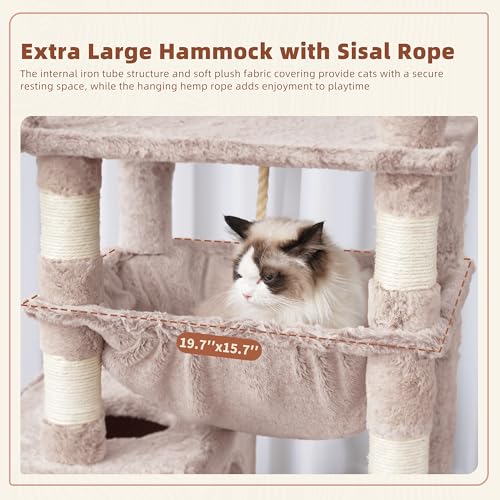 Image of Gitelsnour Cat Tree, 63'' Cat Tower for Large Cats, Big Hammock GCT020MU | Cat Condo, Cat Scratching Posts for Indoor Adult Cats, 4 Platforms( 2 Big 2 Small), 2 Baskets, Sisal Rope, 4 Toys, Mushroom