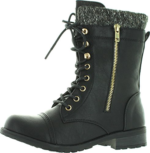 Forever Link Womens Mango-31 Round Toe Military Lace Up Knitted Ankle Cuff Low Heel Combat Boots,Black,7