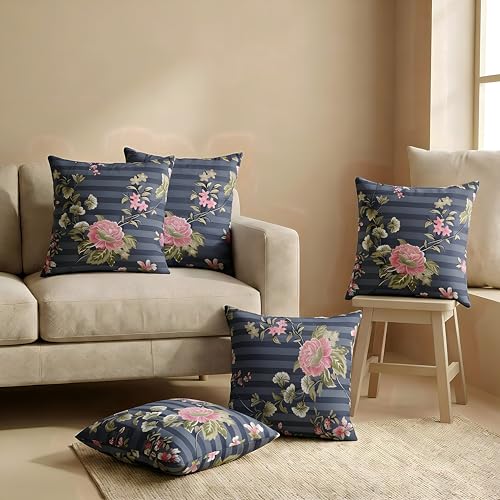 Image of Clasiko 16x16 Cushion Covers - Set of 5 Soft Cotton-Feel Decorative Pillow Covers | Midnight Garden, Flap Closure, Perfect for Sofa & Living Room