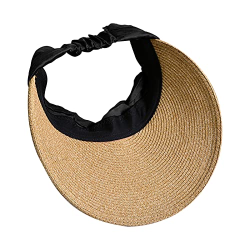 Chapéu feminino viseira de sol aba larga palha enrolável rabo de cavalo chapéu de praia verão proteç