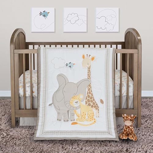 Image of Sammy & Lou Safari Snuggle 4-Piece Baby Crib Bedding Set, Includes Quilt, Fitted Crib Sheets Neutral, Crib Skirt, and Plush Toy