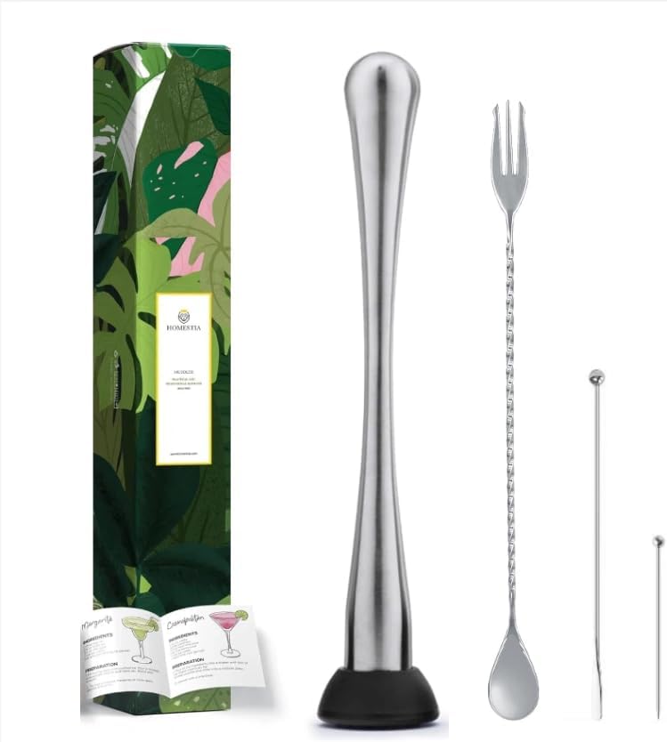 Homestia 4PCS Muddler Set for Cocktails, 10 Inch 304 Stainless Steel Cocktail Muddler for Mojito and Fruit Drinks, Home Bar Tool Set of Bar Spoon Swizzle Stick Cocktail Pick Silver