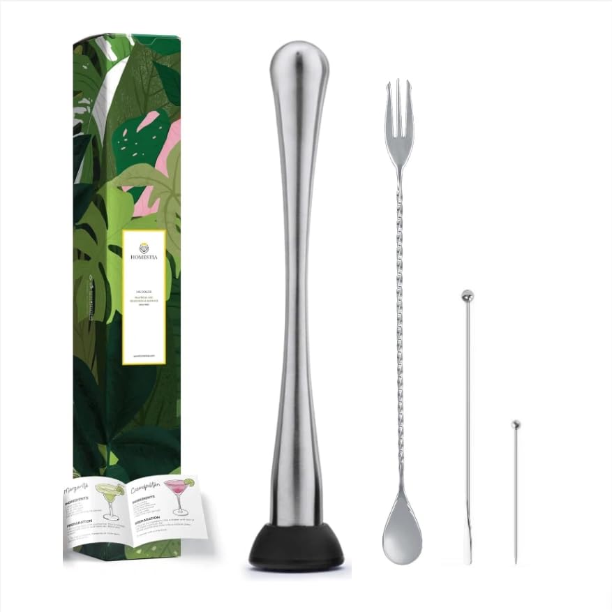 Homestia 4PCS Muddler Set for Cocktails, 10 Inch 304 Stainless Steel Cocktail Muddler for Mojito and Fruit Drinks, Home Bar Tool Set of Bar Spoon Swizzle Stick Cocktail Pick Silver