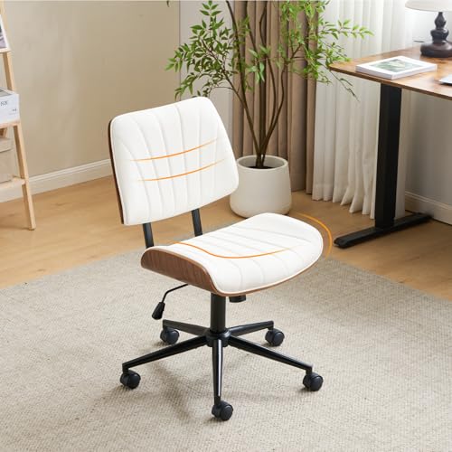 VINGLI Wide Curved Seat&Back Armless Home Office Chair,Ergoromic Adjustable-Height Desk Chair,Swivel&Tilting Function,Stylish Walnut Task Chair for Meeing Room,Dining Room,PU, White