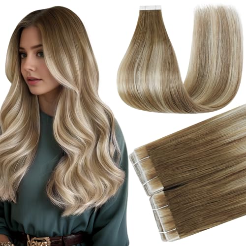 Image of Full Shine Injection Tape in Hair Extensions Color 3 /8 /22 Ombre Balayage Human Hair Tape in Extensions 14Inch Seamless Skin Weft Natural Straight Remy Extension 40G 20Pcs Soft Silky