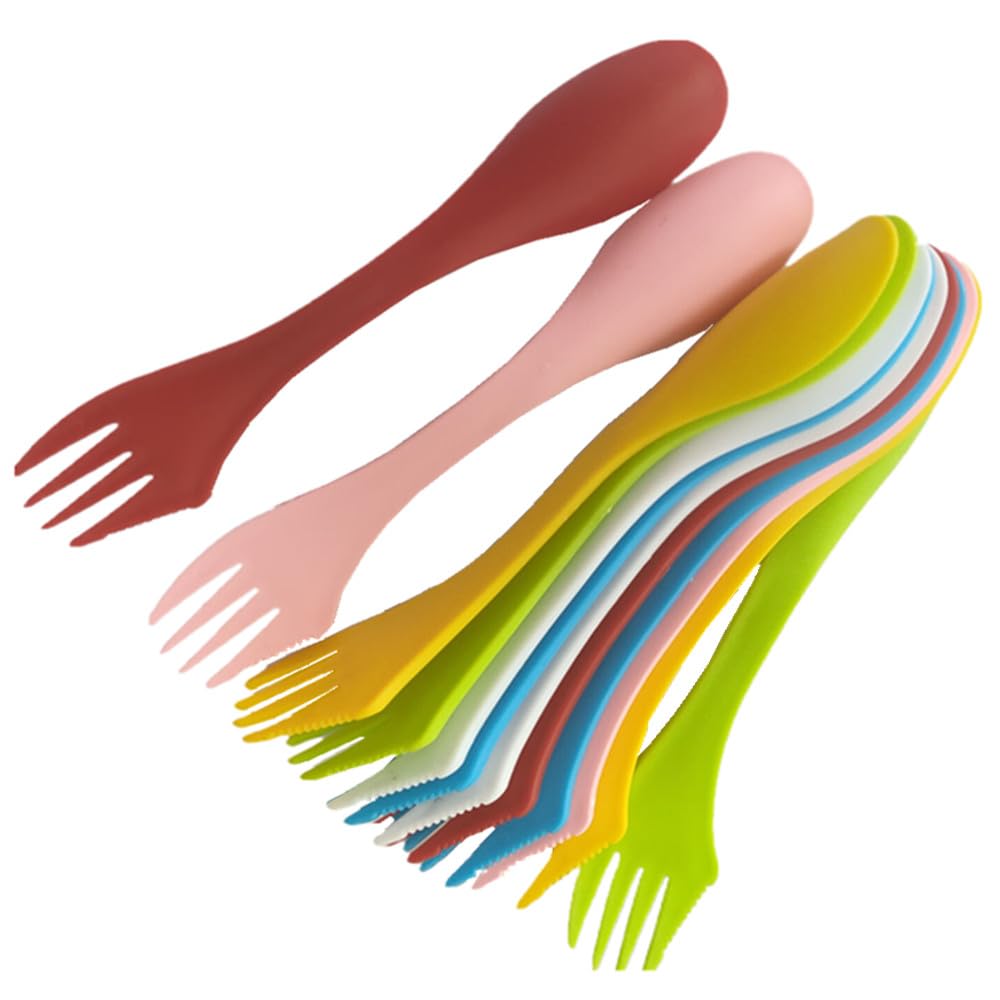 12 Pack Colorful Plastic Sporks 3 in 1 Camping Spoon Fork Knife, Utensil Outdoor Travel Fork Knife Flatware for Backpacking Hiking Picnic, 6 Colors