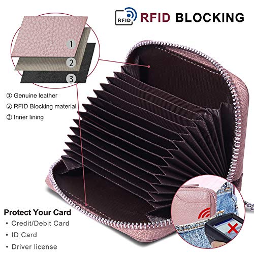 Womens-Credit-Card-Holder-Small-RFID-Blocking-Ladies-Wallet-with-Stainless-Steel-Zipper-Excellent-Genuine-Leather-Accordion-Wallets-Case-for-Women-ID-Compact-Slim-Blocked-Zip-Accordian-Cards-Pink