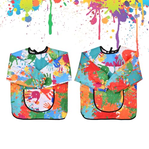 volumoon 2 Pezzi Grembiule da Pittura Bambini, Asilo per Grembiule per Bambini Maniche Lunghe con Tasche per Bambini 2-7 Anni Scuola Casa Cucina Scuola