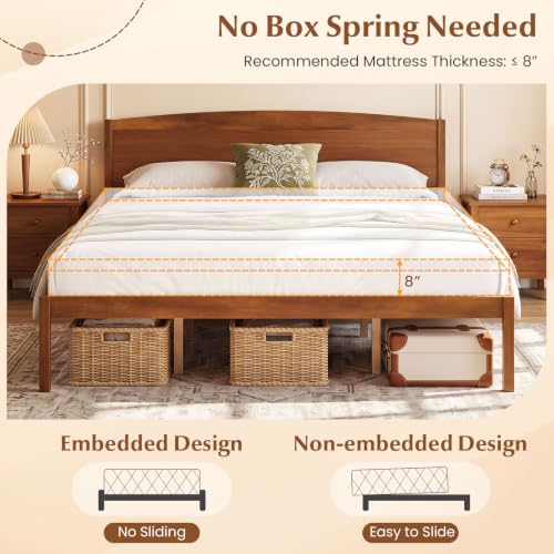 Image of GIANTEX King Size Wooden Bed Frame with Curved Headboard, Wood Slat Support