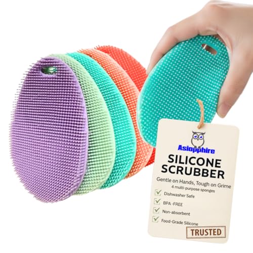 Silicone Sponge Dish Scrubber - Food Grade Silicone Dish Scrubber and Housecleaning - BPA Free Silicone Kitchen Scrubber [5 Pack Ovals Spring]