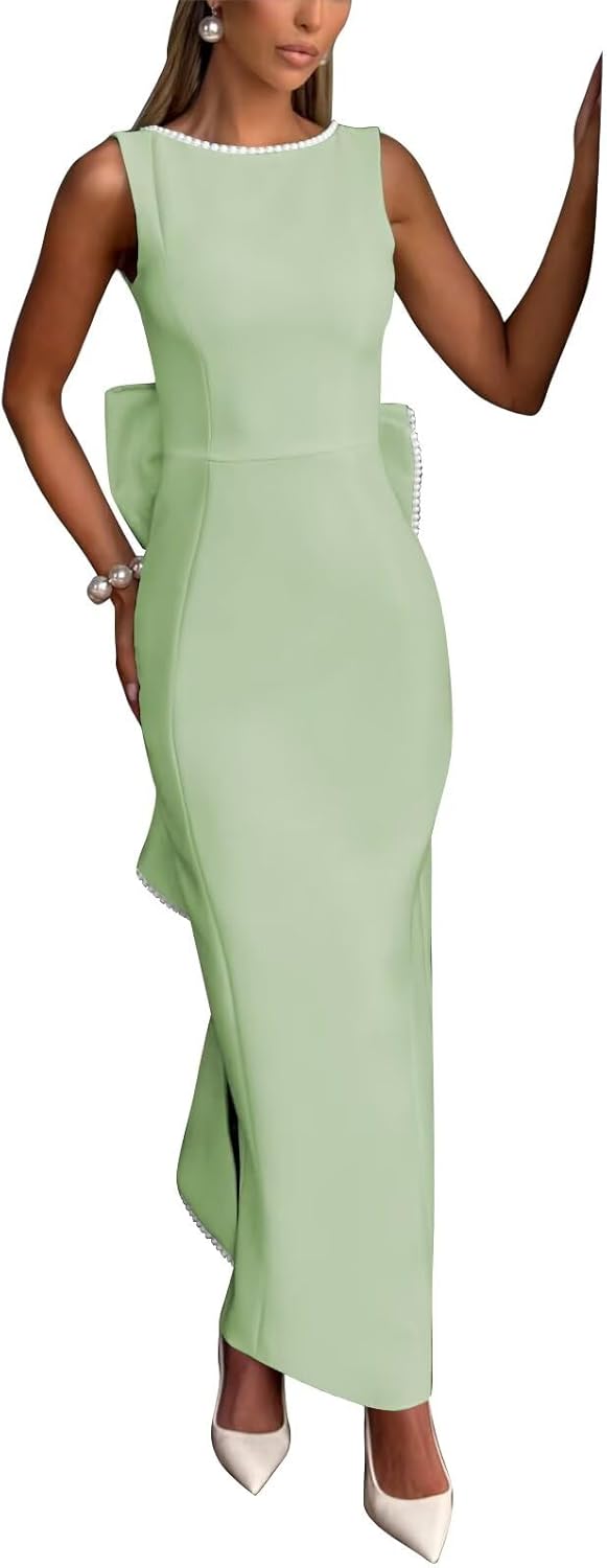 Vintage Satin Memaid Prom Dresses for Women Modest Boat Neck Open Back Long Formal Evening Gown with Bowknot