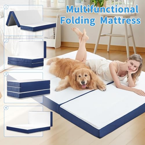 Image of CYMULA Folding Mattress Queen Size,4 inch Memory Foam Tri Portable Trifold Mattress Topper Queen with Breathable & Washable Cover, Foldable Sofa for Camping