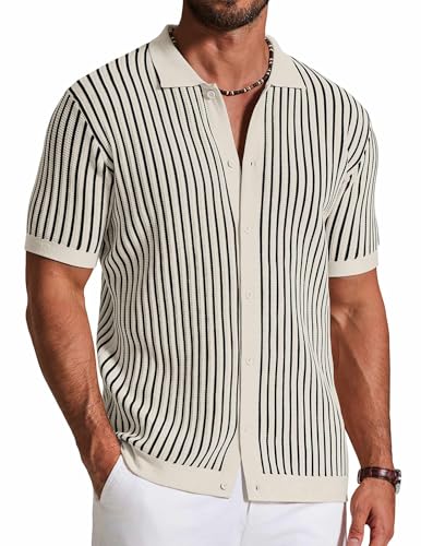 Image of COOFANDY Mens Knit Button Down Shirts Short Sleeve Polo Shirt Vintage Striped Casual Shirts