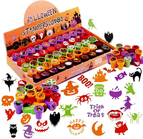 SULOLI 50 Pezzi Timbri Halloween,Francobolli Animale Colorati di Plastica,Regalo Riempitivi per Sacchetti di Halloween per Bambini